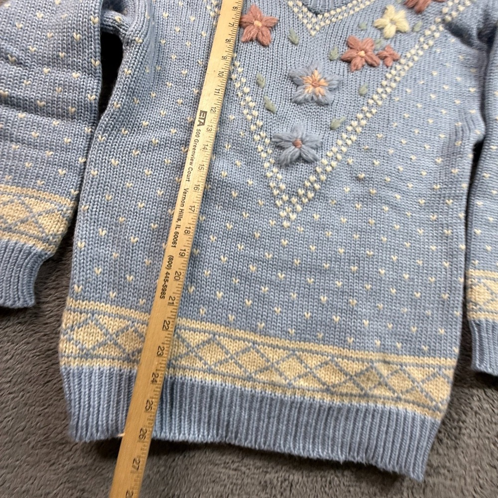 Vintage Melbourne Elements Hand Knit Blue Floral Embroidered Fair Isle Sweater S - Picture 7 of 9
